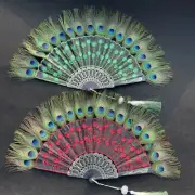 Peacock Feather Folding Fan Chinese Japanese Sequins Embroidery Handheld Fan