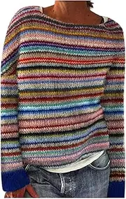 [Generic] Long Sleeve Shirts for Women Fashion Ladies Sweater Crewneck Color Block Loose Fit Knitted Pullover Sweater for Women, Multicolour, X-Large