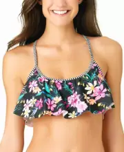 California Waves-Wildflower Printed Flounce Bikini Top, Black Floral, Small, NWT