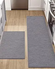 DEXI Kitchen Rugs and Mats for Floor, Non Slip Washable Absorbent Thin Woven Runner Rug for Front of Sink, Laundry Room, Hallway, 17"x29"+17"x59", Grey