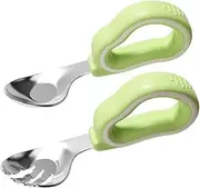 FRCOLOR Cutlery Set Stainless Steel Fork and Spoon with Handles Utensils for Self Feeding Includes Storage Box and Cream Design