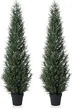 Laiwot 5FT Artificial Cedar Topiary Trees for Outdoors Potted Fake Cypress Trees Faux Evergreen Plants for Home Porch Decor Set of 2