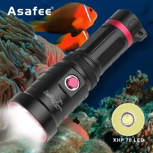 Asafee 4000LM XHP70 LED超亮潛水手電筒D60定焦潛水水肺使用18650/26650電池IPX8防水