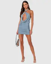 EDIKTED Womens Cowl Cut Out Sparkly Mini Dress LIGHT-BLUE
