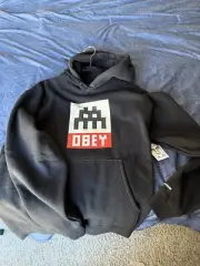 OBEY Clothing x INVADER Black Pullover Hoodie Size L Large Paris LA Hoody