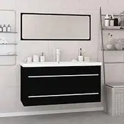 Bathroom Furniture Set - Black Engineered Wood Sink Cabinet with Storage, Mirror & Organizer | Slim Narrow Shelf for Small Toilet Paper Holder & Baño - Space Saving