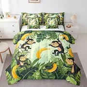 Erosebridal 7Pcs Monkey Bananas Bedding Twin for Kids Toddler Nursery Cute Zoo Animal Comforter Set Bed in A Bag (1 Comforter, 1 Flat Sheet 1 Fitted Sheet 2 Pillowcases and 2 Throw Pillow Covers)