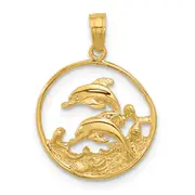 14K Yellow Gold Double Dolphin Circle Pendant