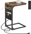 C Shaped End Table with Charging Station, Side Table for Sofa, Couch Table,Brown