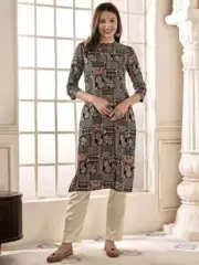 Black Ethnic Print Cotton Kurta for Women – Mandarin Collar, Indian Tunic Gift