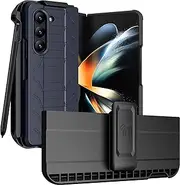 Case with Clip and S Pen Slot for Galaxy Z Fold 5 5G, Nakedcellphone Tactical Cover and Custom Belt Hip Holster Holder View Stand Combo for Samsung Z Fold5 Phone (SM-F946U, 2023) - Navy Blue