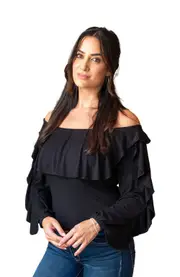 JJwinks Vixen Built-In Shelf Off-The-Shoulder Long Sleeve Ruffle Top in Black at Nordstrom, Size X-Small