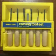 Millers Falls 7 Piece Wood Carving Tool Set Model 106C w/ Yellow Case Sharpening