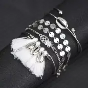 NEW Boho Tassel Seashell Silver Tone Charm Chain & Wire Bangle Bracelet Set