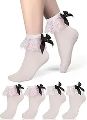 [MKYSZLT] Womens White Ankle Lace Ruffle Frilly Socks Bow Socks Opaque Nylon Socks Coquette Socks Trim Bobby Socks Lolita Socks
