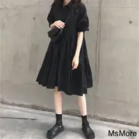 在飛比找momo購物網優惠-【MsMore】復古小黑裙大碼短袖遮肚顯瘦連身裙短版洋裝#1