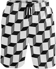 [GuoChe] Swim Trunks for Mens 3D Cube Black and White Quick Dry Beachwear Hot Summer Swim Trunks Bathing Suits Mesh Lining