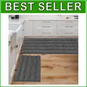 Soft and Plush Chenille Bath Rugs - Non-Skid, Striped Grey Set, 47x17 & 17x24