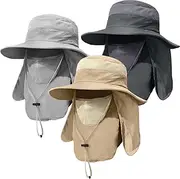 [yogximil] 3 Pack Mens Outdoor Wide Brim Fishing Hat,UPF 50+ Sun Protection Cap with Face Neck Flap for Hiking & Garden Grey