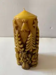 Germany Hand Carved Vintage Wax Candle Folk Art Trees Angels Stars Yellow Brown