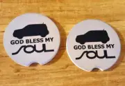 GOD BLESS MY SOUL KIA INSPIRED CUSTOM SANDSTONE CAR CUP HOLDER COASTERS SET OF 2