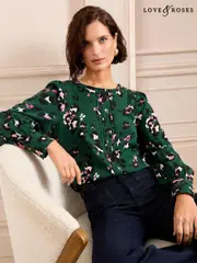Love & Roses Green Animal Print Pintuck Button Detail Long Sleeve Blouse (AL2854) | $74