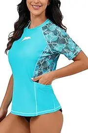 [Halcurt] Women's Short Sleeve Rash Guard Top with Built in Bra Side Pockets Swim Shirts UPF50+ Swimsuit