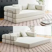 [MOEYURO] Compression Sofa - Convertible Floor Sofa Bed - with Pillow Back Support Armrest - Comfy Foldable Sofa Bed Compressed Sofa in Box - Corduroy Fabric - for Living Room Bedroom(Off White)