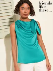 Friends Like These Teal Blue Drape Front Blouse With Shoulder Tie (F83712) | $78