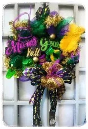 Huge Deco Mesh Wreath Mardi Gras Y’ALL Mask Feathers Beads Free Shipping