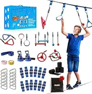 Heroz Obstacle Course for Kids - Ninja Warrior Obstacle Course for Kids Outdoor Play Equipment 65ft Double Slackline, Monkey Bars, Wheel, Climbing Rope - Jungle Gym Ninja Course for Kids Outside