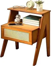 VINCT Rattan Nightstand, Mid Century Modern Bedside Table, Solid Wood Feet, Light Luxury high Sense Locker, Bed Side Table with Open Storage, for Bedroom, Living Room, Dormitory(Tawny)