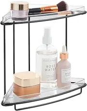 mDesign Steel/Plastic Freestanding Countertop Corner Shelf Organizer with 2-Tier Storage for Bathroom, Vanity, Cabinet, Counter - Holds Makeup, Bath Gel - Prism Collection - Clear/Matte Black