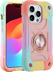 MARKILL Compatible with iPhone 15 Pro Max Case 6.7 Inch with Double Ring Stand, Heavy-Duty Military Grade Shockproof Phone Cover for iPhone 15 Pro Max (Rainbow Pink)