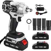 Funnyway Cordless Impact Wrench, 1/2" Brushless Power Impact Gun 20V 550N.m Adjustable Torque with 2X 2.0Ah Battery, 4 Sockets, Fast Charger for Car Home (Black（2 Batteries）)