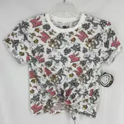 Tom And Jerry Shirt Women Tie Front Crop Top Cartoon Graphic Tee Size Small