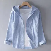 Summer Hooded Long Sleeve Linen Shirt Men's Thin Loose Fashion Cotton Linen Shirt Clothing Shirts for Men sky blue XXXXL