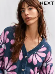 Navy Pink Floral Soft Touch Button Up Pocket Knitted Cardigan (E92913) | $48