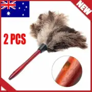 2X Anti Static Genuine Ostrich Feather Duster 32CM Wooden Handle Brush Clean V$