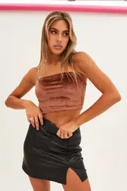 Brown Velour Singlet Lounge Crop Top - Size XS, Women's Singlet