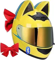Girl Cat Ear Bluetooth Helmet, Women Motorbike Helmet, Cat Ear Helmet, DOT Certified Full Face Motorcycle Helmet, Four Season Helmets, with Visor, for Street Racing Motocross D,S(50~53cm)