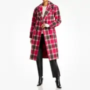 New Aqua Plaid Duster Trench Coat Size Large Pink Belted Winter Cozy Womens