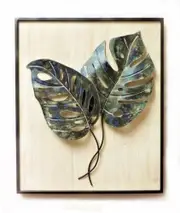 Wooden Framed Metal Wall Art with Couple Leaves Design