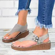 [XBCDX] Womens Flat Sandals Ladies Summer Vintage Buckle Design Ankle Strap Thong Sandals Faux Leather Flip Flops Comfy T-Bar Slingback Wedge Walking Shoes,Gray,US11/EU42