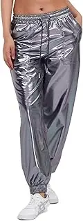 [AGYMNX] Women Metallic Shiny Pants with Drawstring Jogger Casual Holographic Colour High Waisted Metallic Pants Drawstring with Pockets Disco Hip Hop Theme Party
