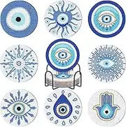 8 Pcs Evil Eye Diamond Painting Coasters Blue Diamond Art Cup Holder Mat with Cork Base Evil Eye Pattern for Drinks DIY Diamond Painting Kits with Holder for Beginners Kids Craft Supplies Gift