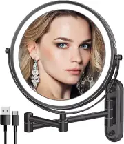 Rechargeable Wall Mounted Makeup Mirror with Lights,8 Inch Double-Sided LED V...