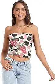 [RPLIFE] Cute Strawberries Cow Spots Crop Tube Top Strapless Top Women, Mesh Tube Tops, Sexy Tube Tops (S)