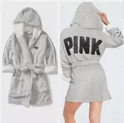NIP Victorias Secret PINK Robe Grey Bling Sherpa Lined Hood - M/L