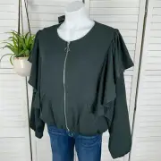 New City Chic Soft Ruffled Utility Jacket Army Green Zip Up Bomber Size S / 16